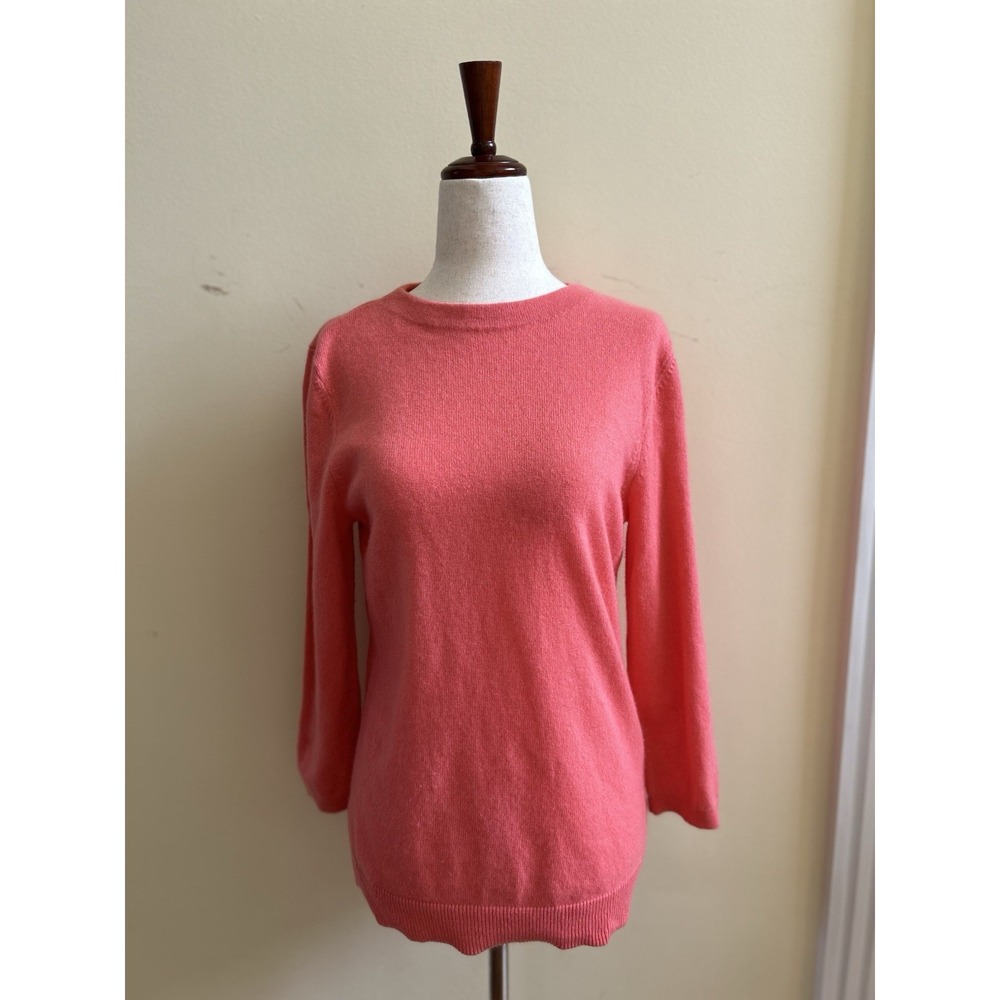 Talbots Pure Cashmere Sweater Women M Fits S Coral Pink Crewneck 3/4 Sleeve